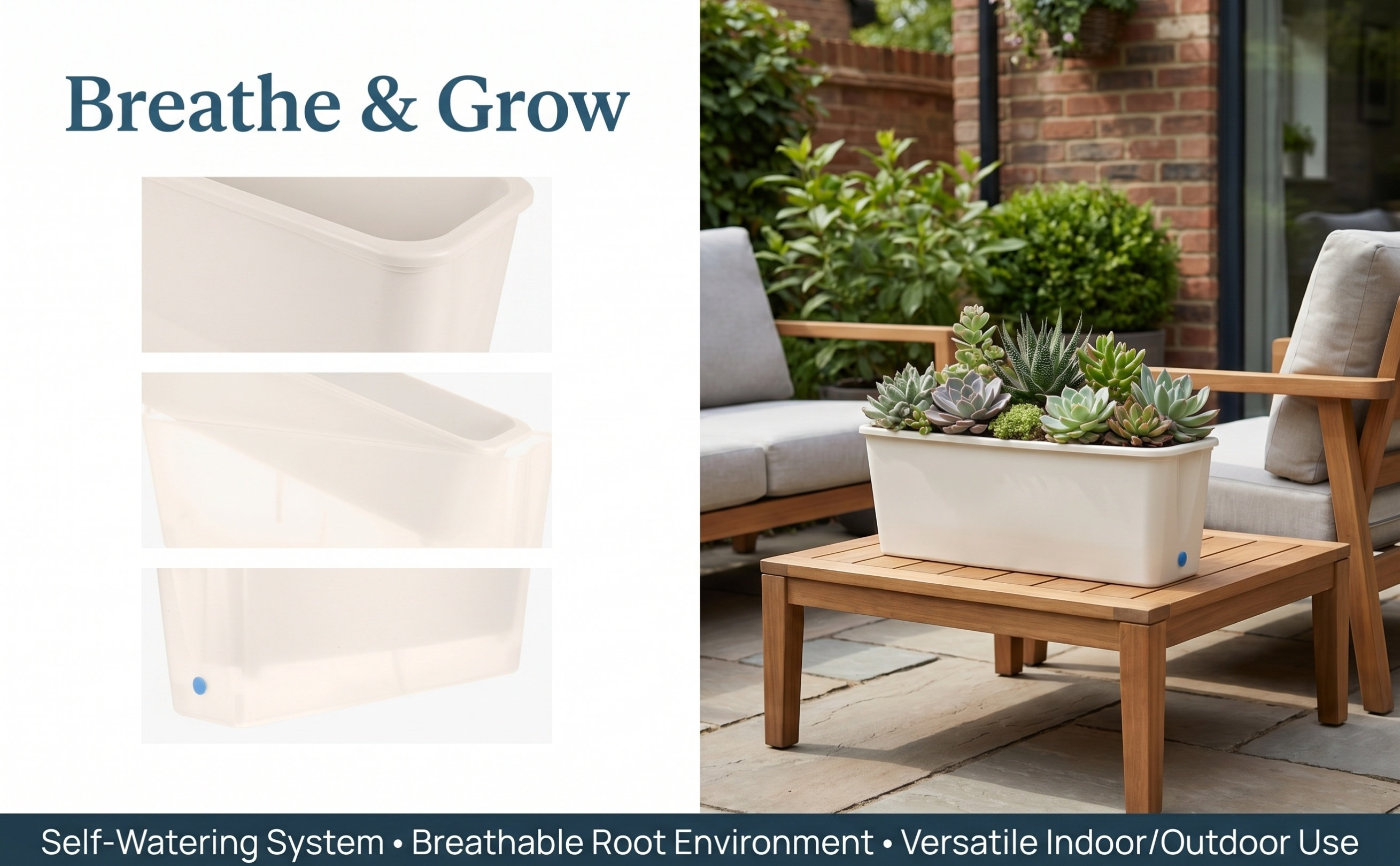 Self-Watering Planter - Maceta rectangular estrecha con sistema de